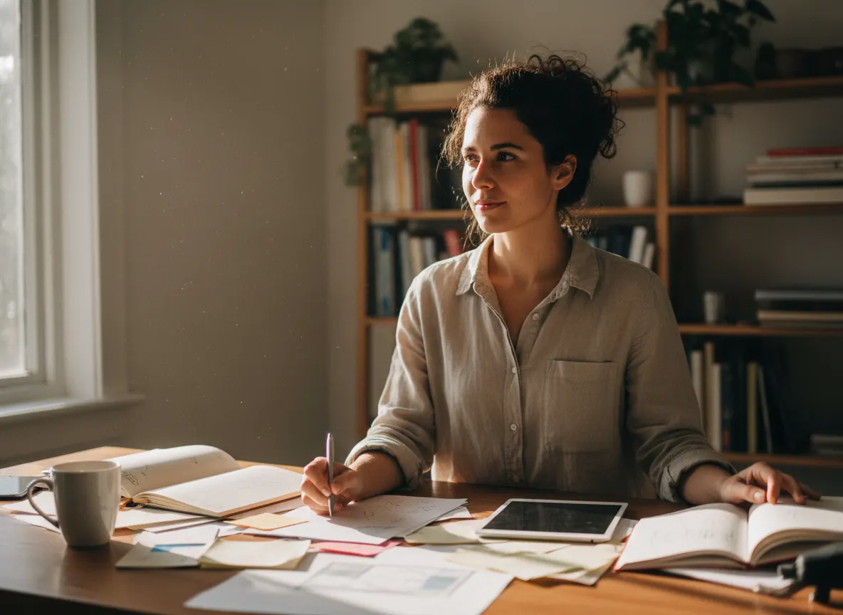 Creative professional or knowledge worker at desk surrounded by notes and work, sharp focus in their eyes, mental clarity ...