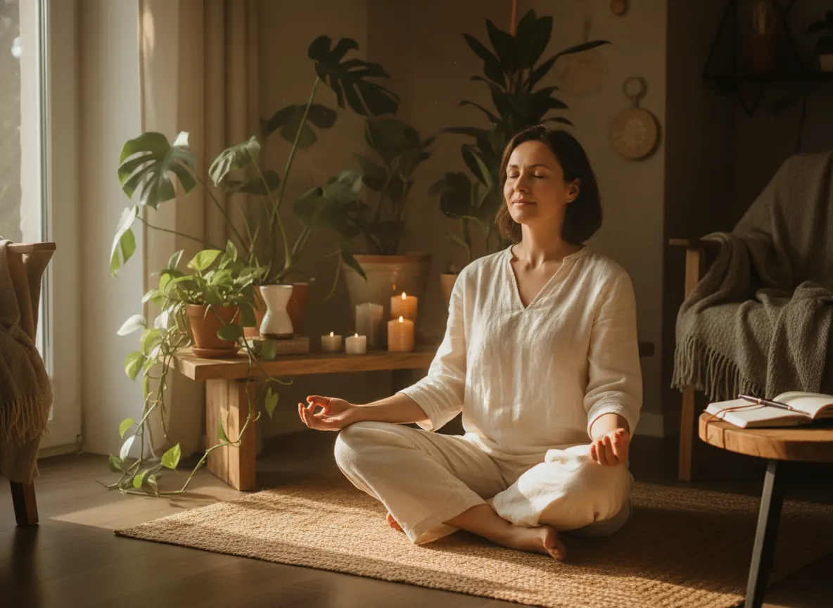 Serene adult (30–50 years old) in calm morning moment—stretching, meditating, or journaling—surrounded by soft natural lig...