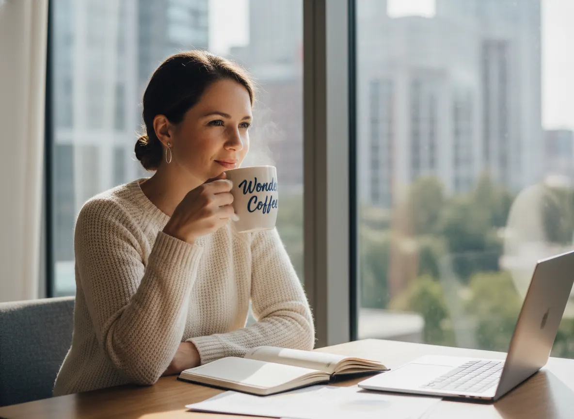 A busy professional sipping Wonder Coffee in the morning, relaxed posture with gentle focus, avoiding the typical coffee-j...