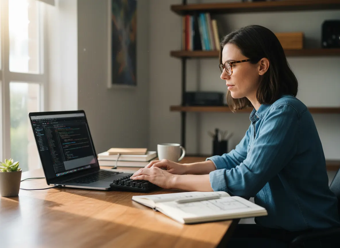 A sharp-eyed professional concentrating on focused work — writing, coding, or design — at their desk, mid-morning, clear-h...