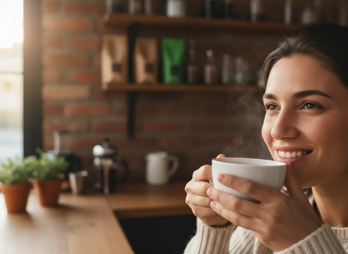 A person tasting or sipping coffee with genuine pleasure, warm smile, cozy kitchen or café setting, natural warm lighting,...