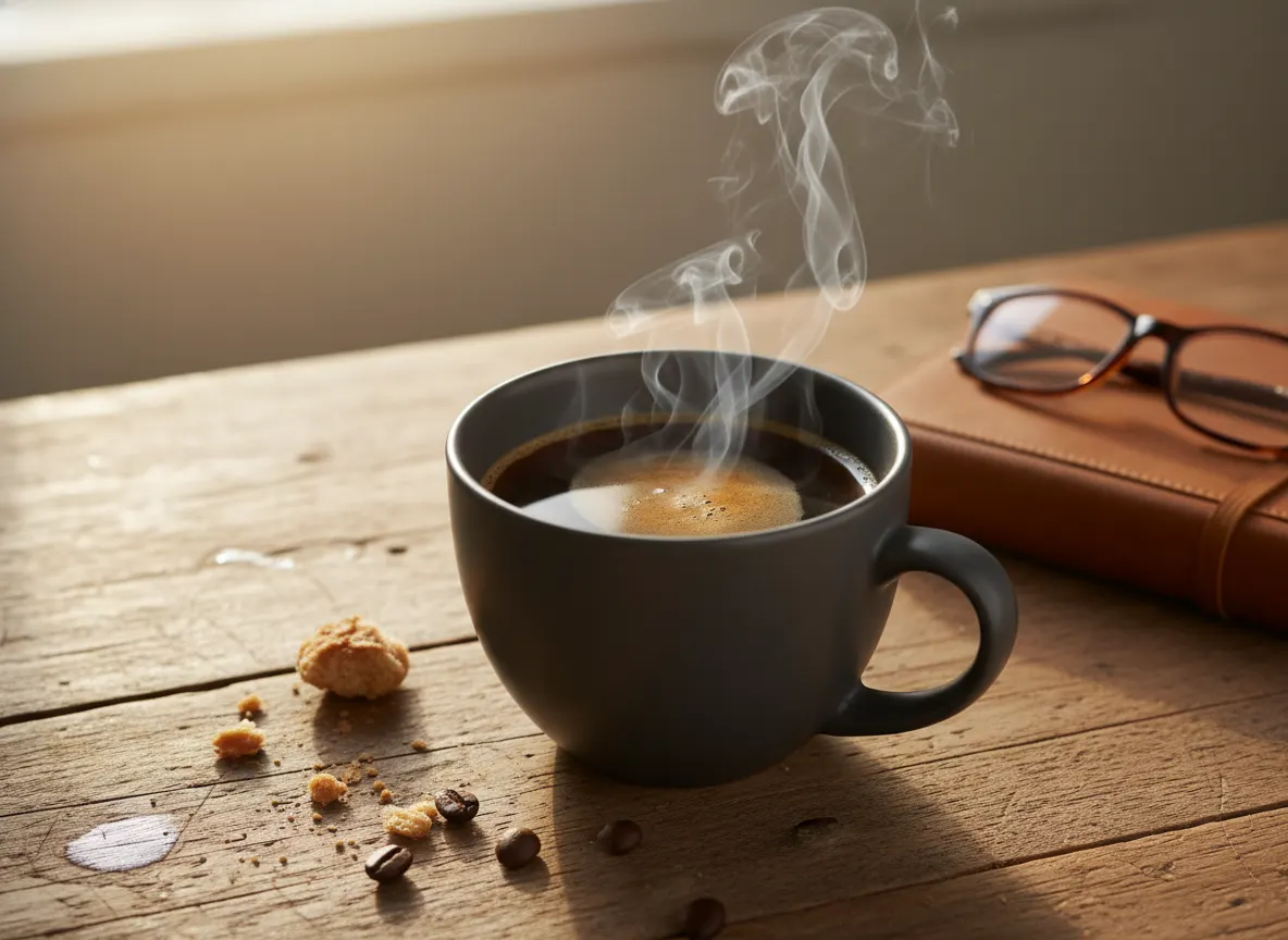 Overhead shot of steaming coffee mug on wooden desk, rich dark brown liquid visible, aromatic steam rising, cozy morning l...