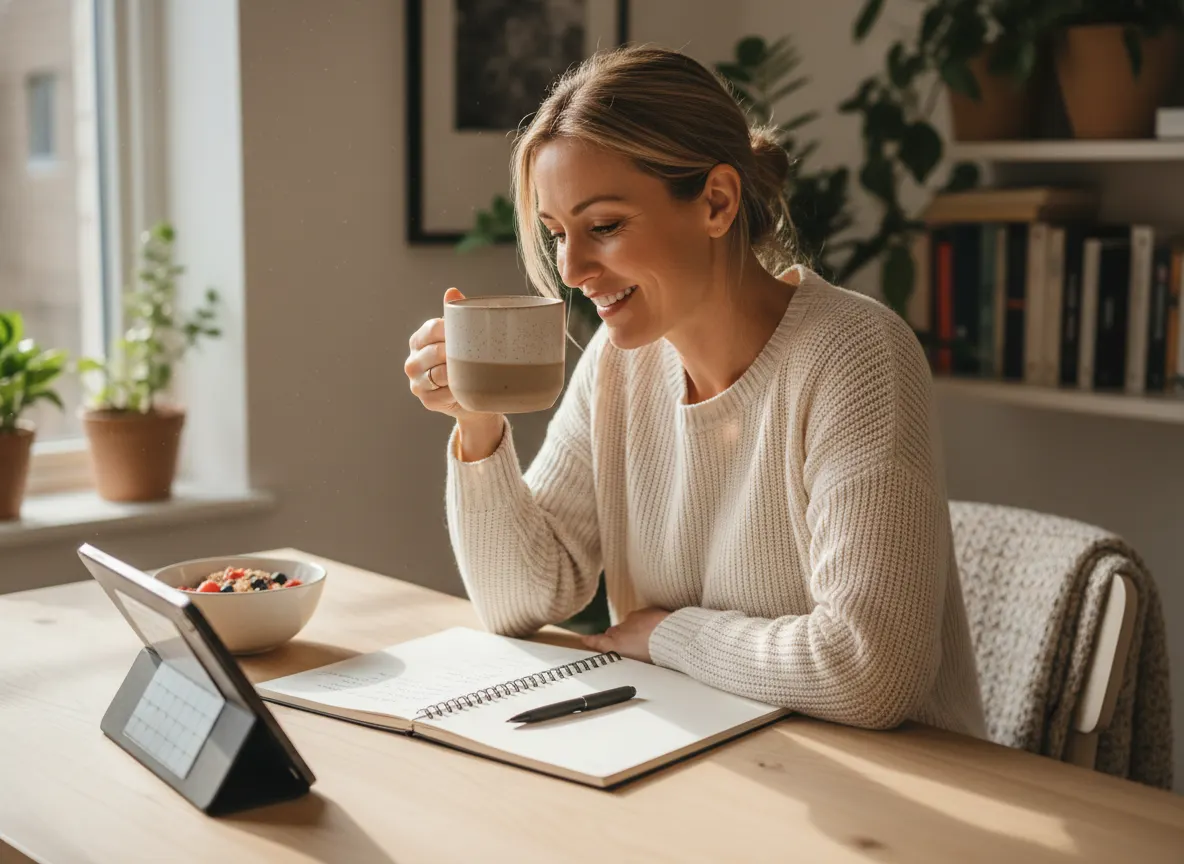 A health-conscious woman aged 30-45 at a bright home workspace in morning light, smiling with visible relief and focus, ha...