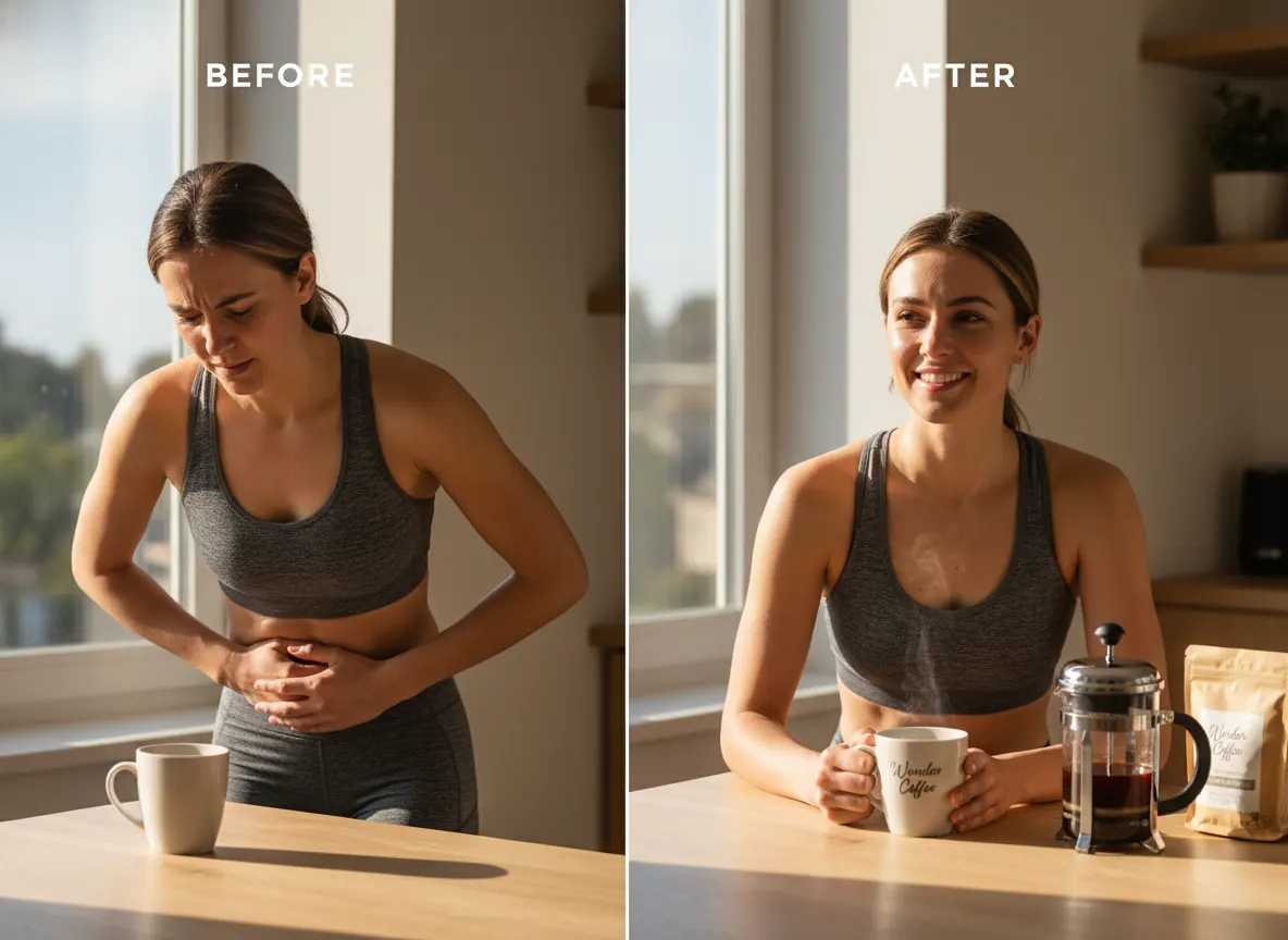A health-conscious person holding their stomach, then in the second moment appearing calm and pain-free after switching to...