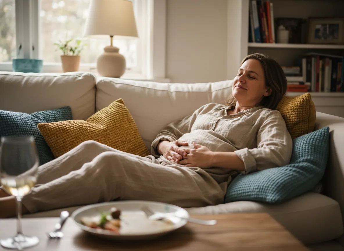 Person holding their stomach with relief expression, sitting comfortably after a meal, warm soft indoor lighting, peaceful...