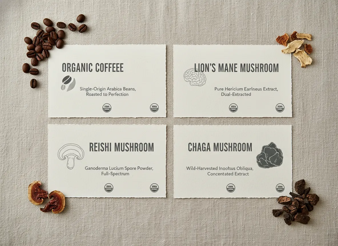 Flat lay of clean, minimal ingredient cards or labels for organic coffee, lion's mane, reishi, and chaga on a neutral back...