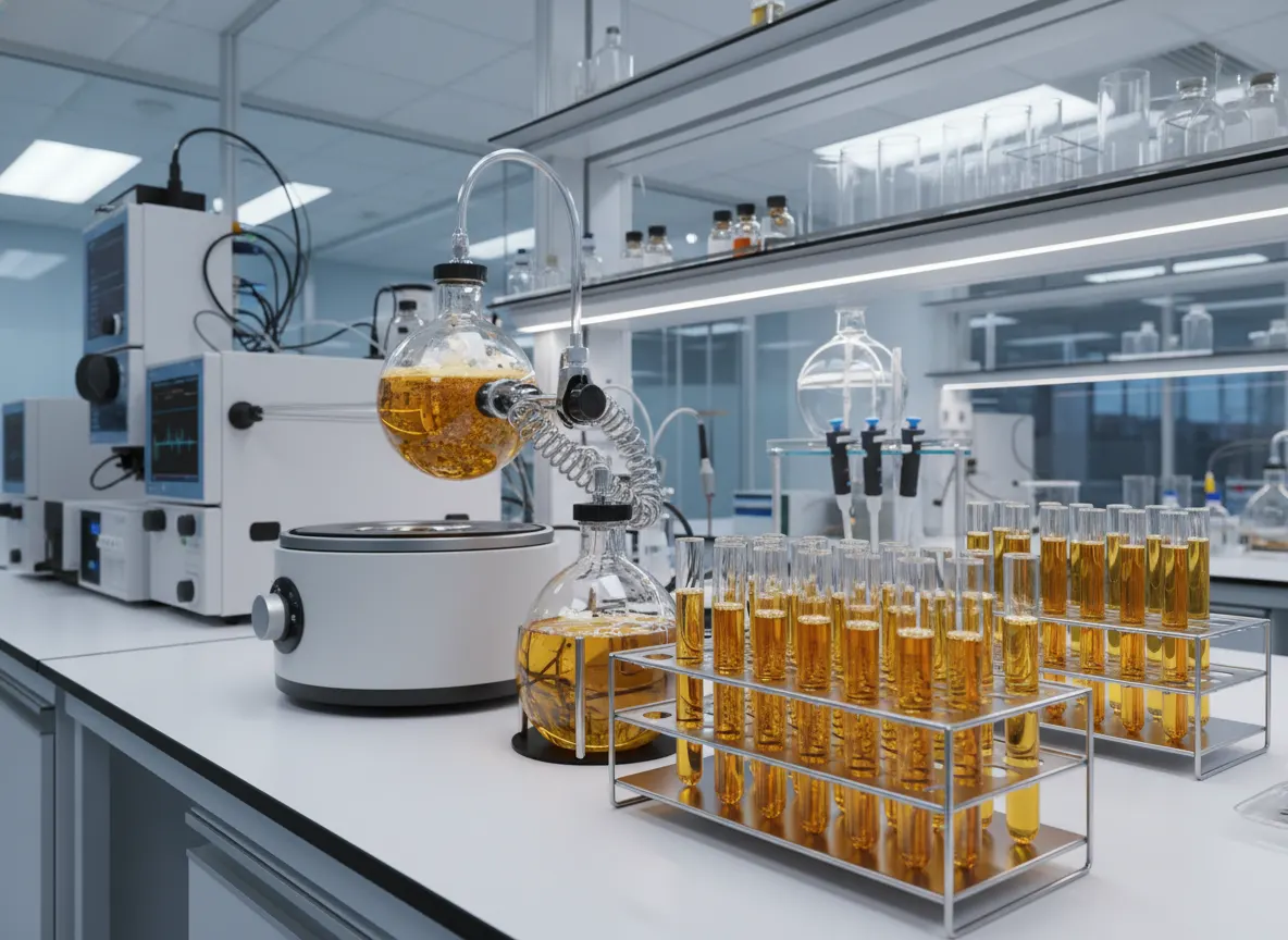 Laboratory equipment and test tubes with amber liquid samples, professional clinical setting, bright white lab lighting, s...