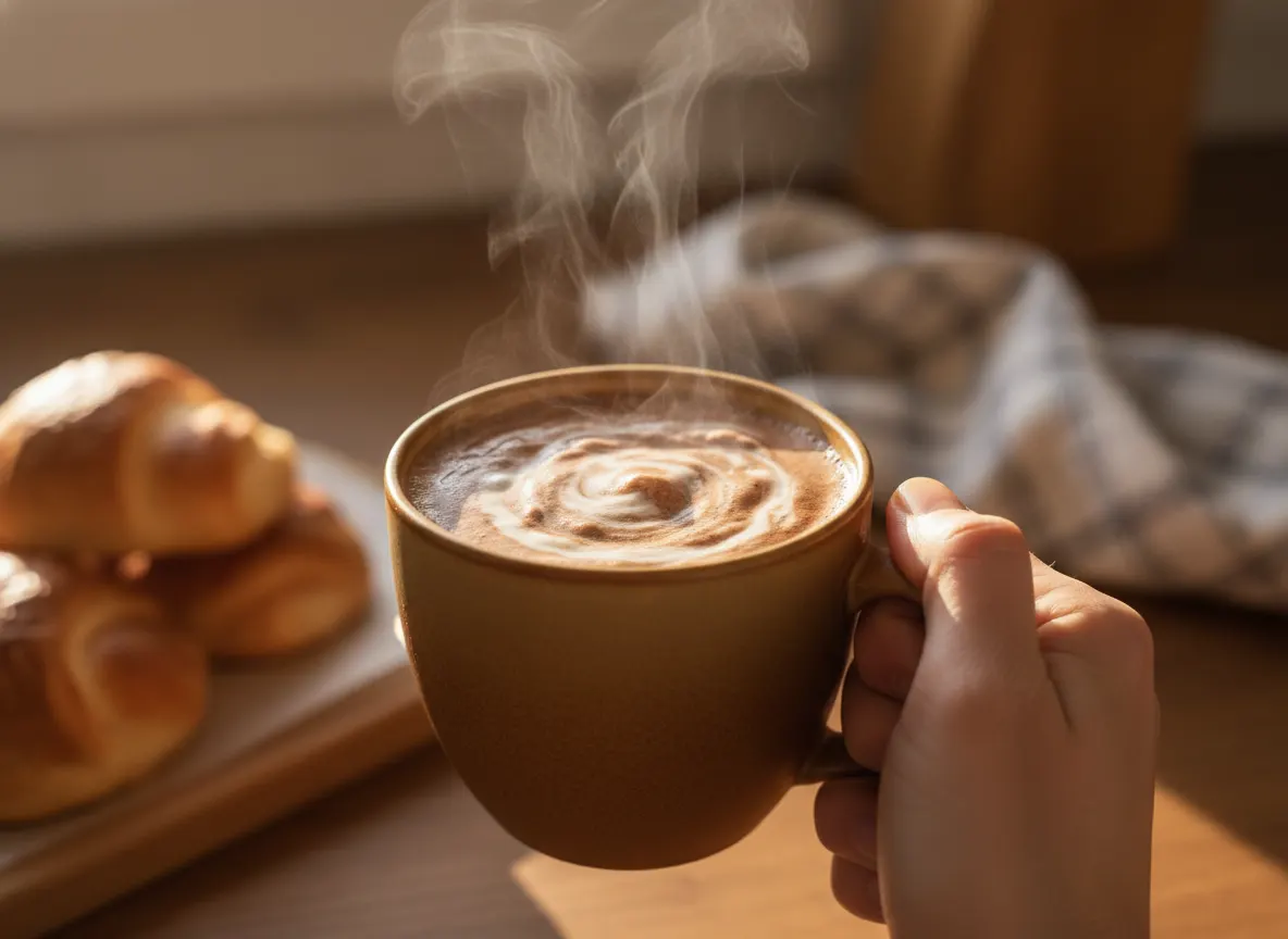 Steaming mug of Wonder Coffee showing rich chocolatey-brown color and creamy texture, warm morning kitchen light, held by ...