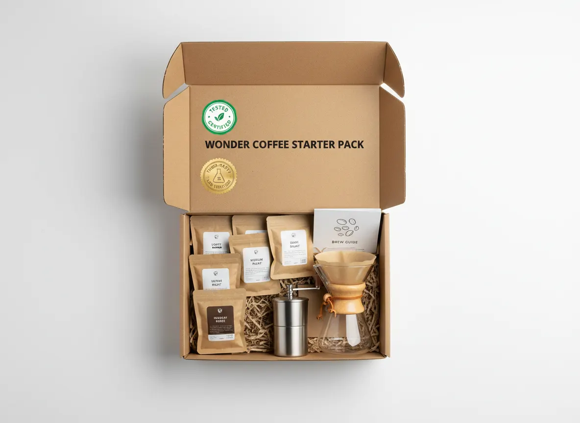 Studio flat-lay overhead shot of a Wonder Coffee Starter Pack box with testing certification badge visible, third-party la...