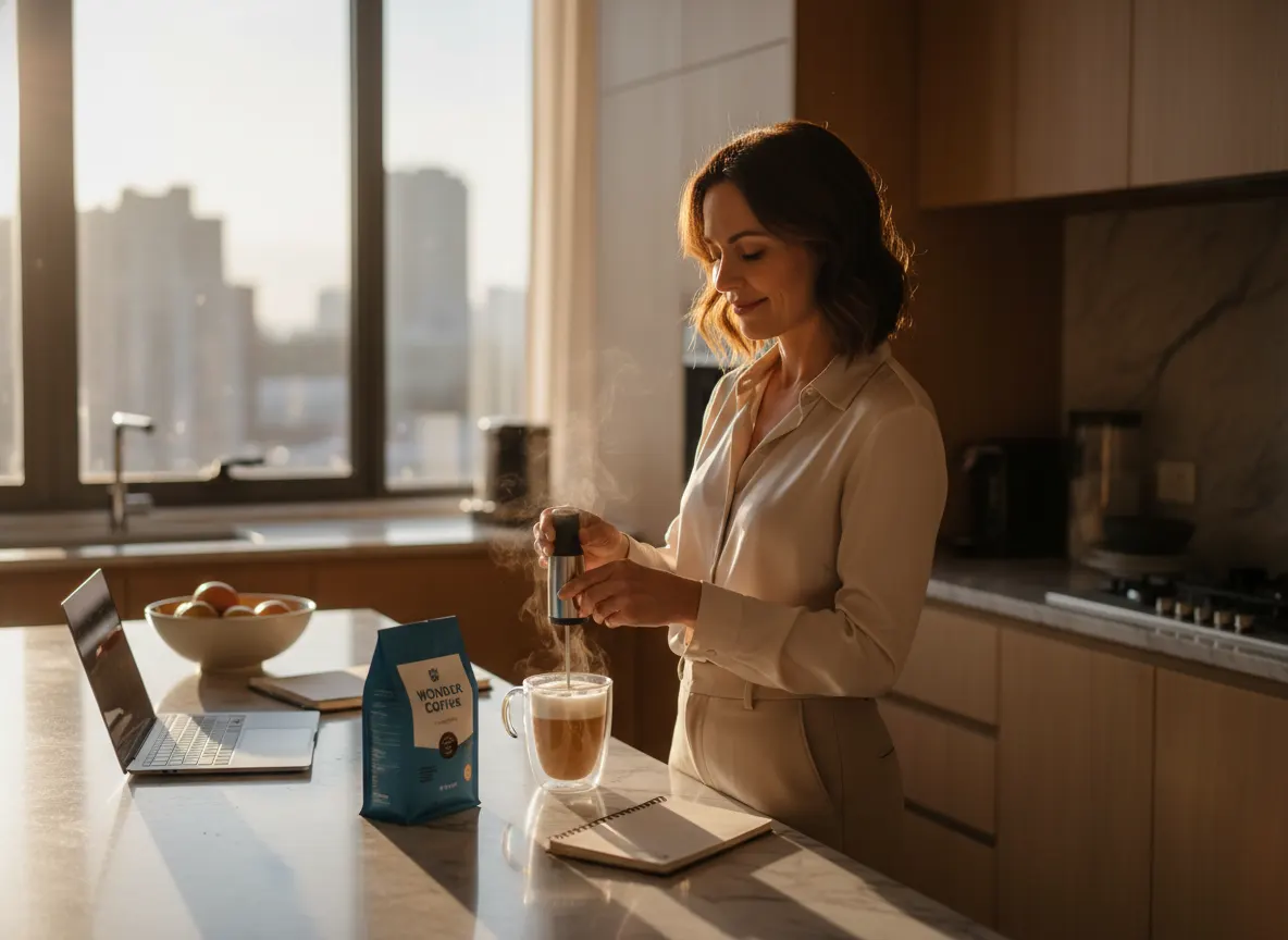 A busy female professional in her 30s–40s at her kitchen counter early morning, frothing Wonder Coffee with a hand frother...