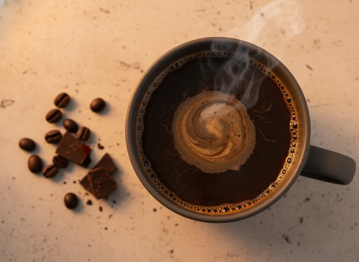 Overhead flat-lay shot of a steaming mug of rich brown coffee with chocolatey roasted appearance, light cream swirl visibl...