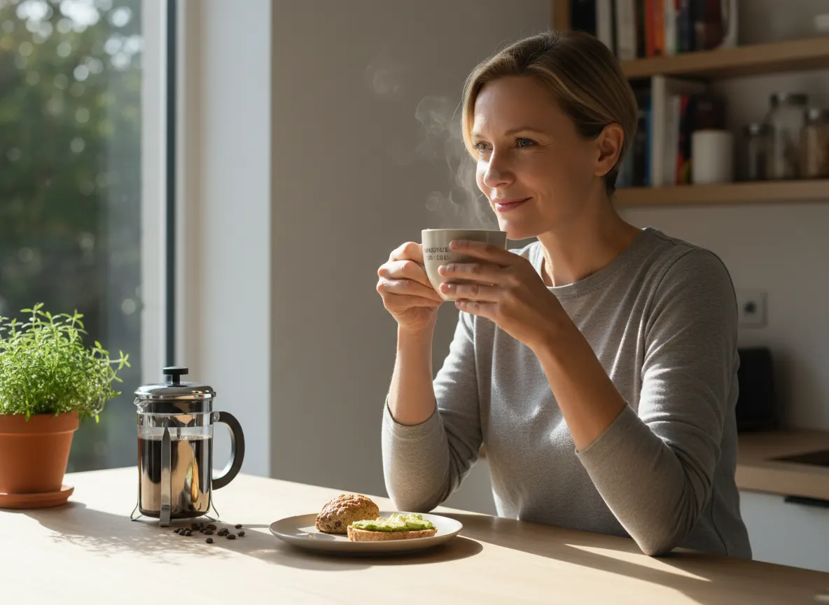 Health-conscious coffee drinker (30–55 years old, any gender) at desk or counter with single mug of Wonder Coffee, satisfi...