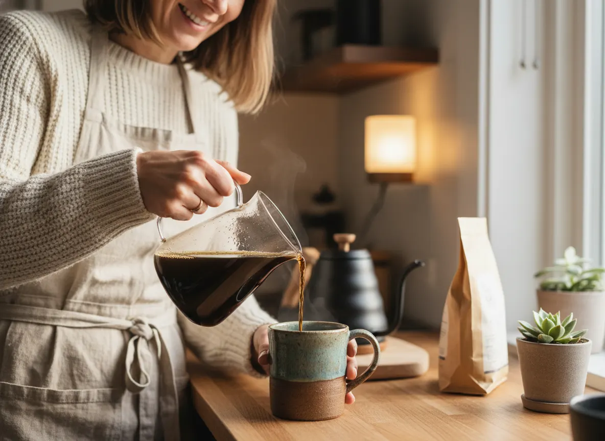 A wellness-oriented person aged 28-48 preparing their morning coffee ritual—pouring into a favorite mug with a warm, antic...
