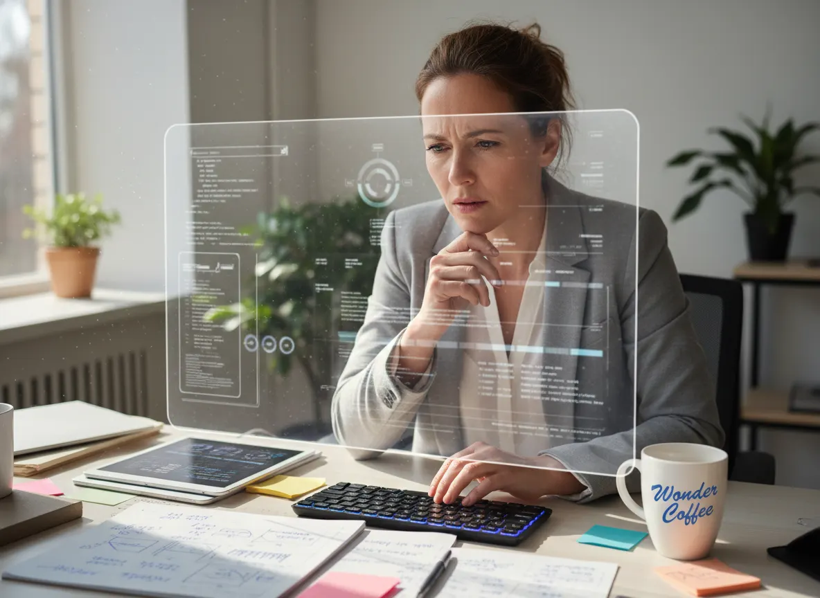 A professional deep in focused work, mind visibly clear and engaged, brain-engaged expression, surrounded by notes and a m...