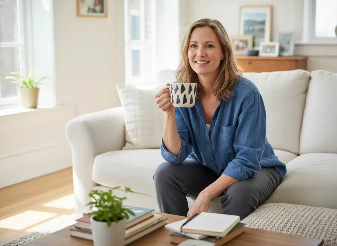 A satisfied customer aged 30-50 at home, two months later, radiant expression of clarity and wellness, holding their favor...