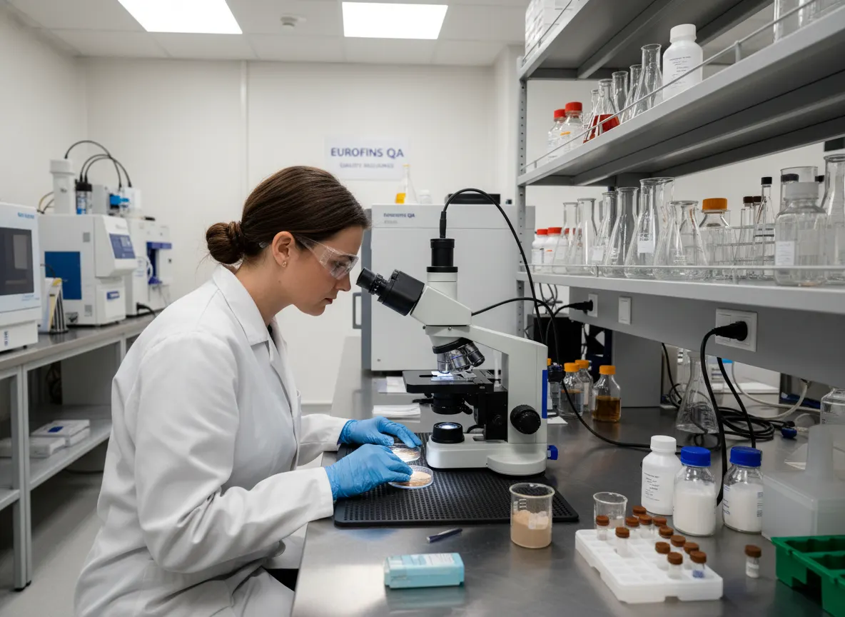 A certified lab technician examining mushroom powder samples under controlled light, Eurofins-style assurance setting, pro...