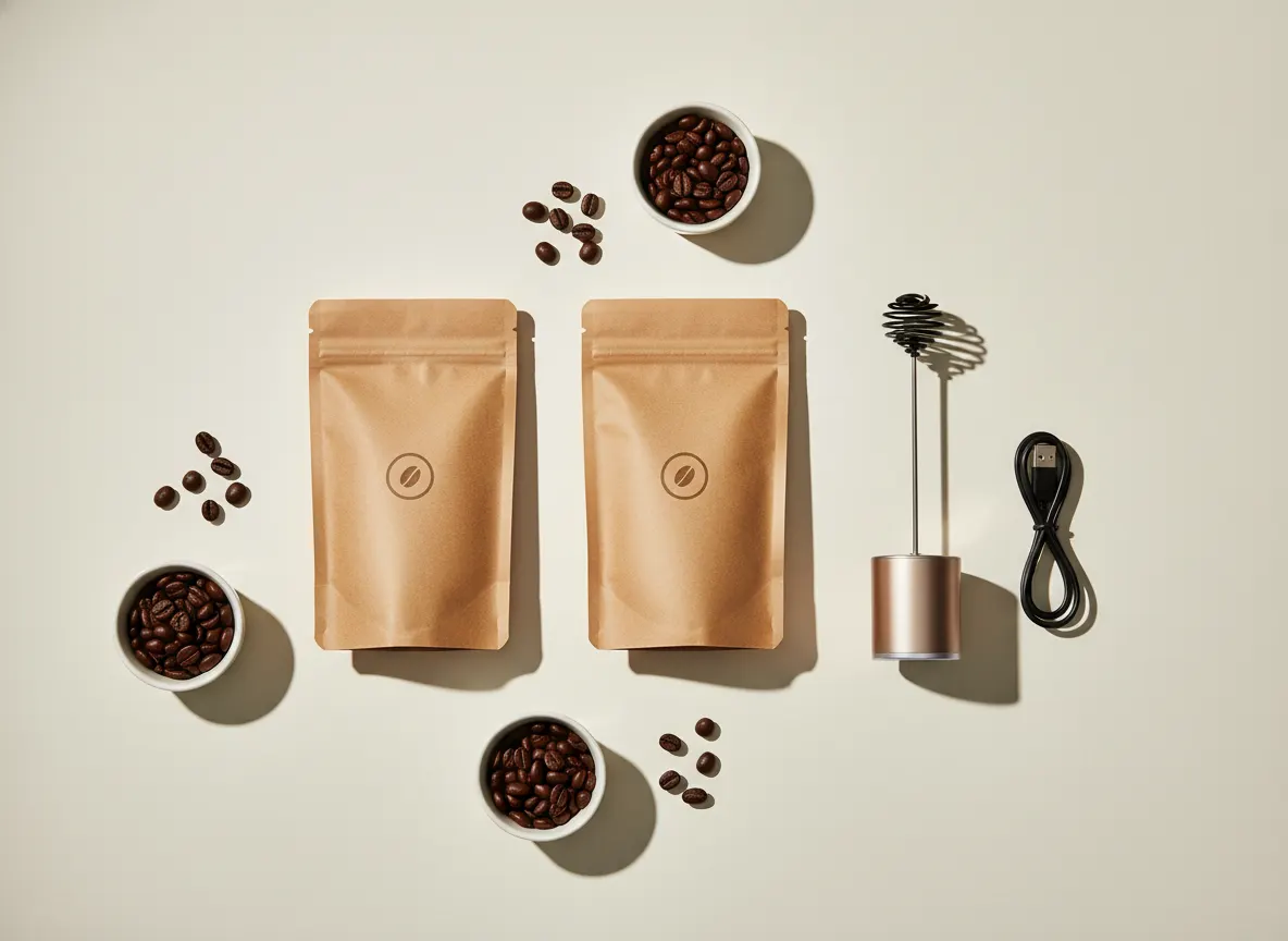 Flat-lay product arrangement: Wonder Coffee Starter Pack contents (two pouches, rechargeable electric whisk), sleek modern...