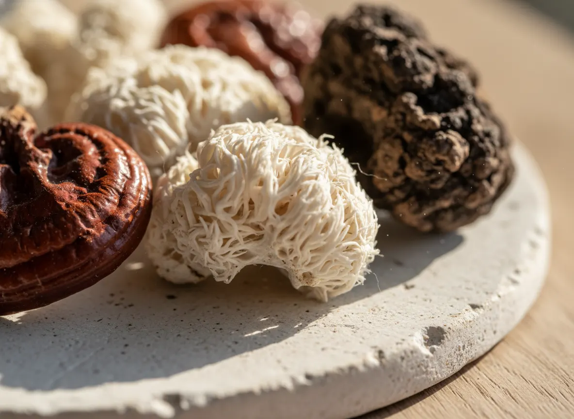 A macro close-up of dried mushroom fruiting bodies — lion's mane, reishi, chaga — arranged on a light surface with visible...