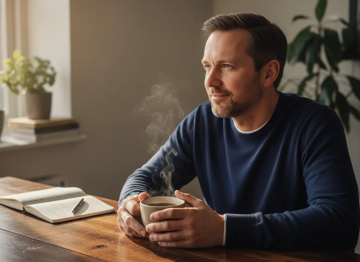 A calm, focused professional (40s) enjoying a steaming mug of black coffee at a wooden desk, looking alert and centered wi...