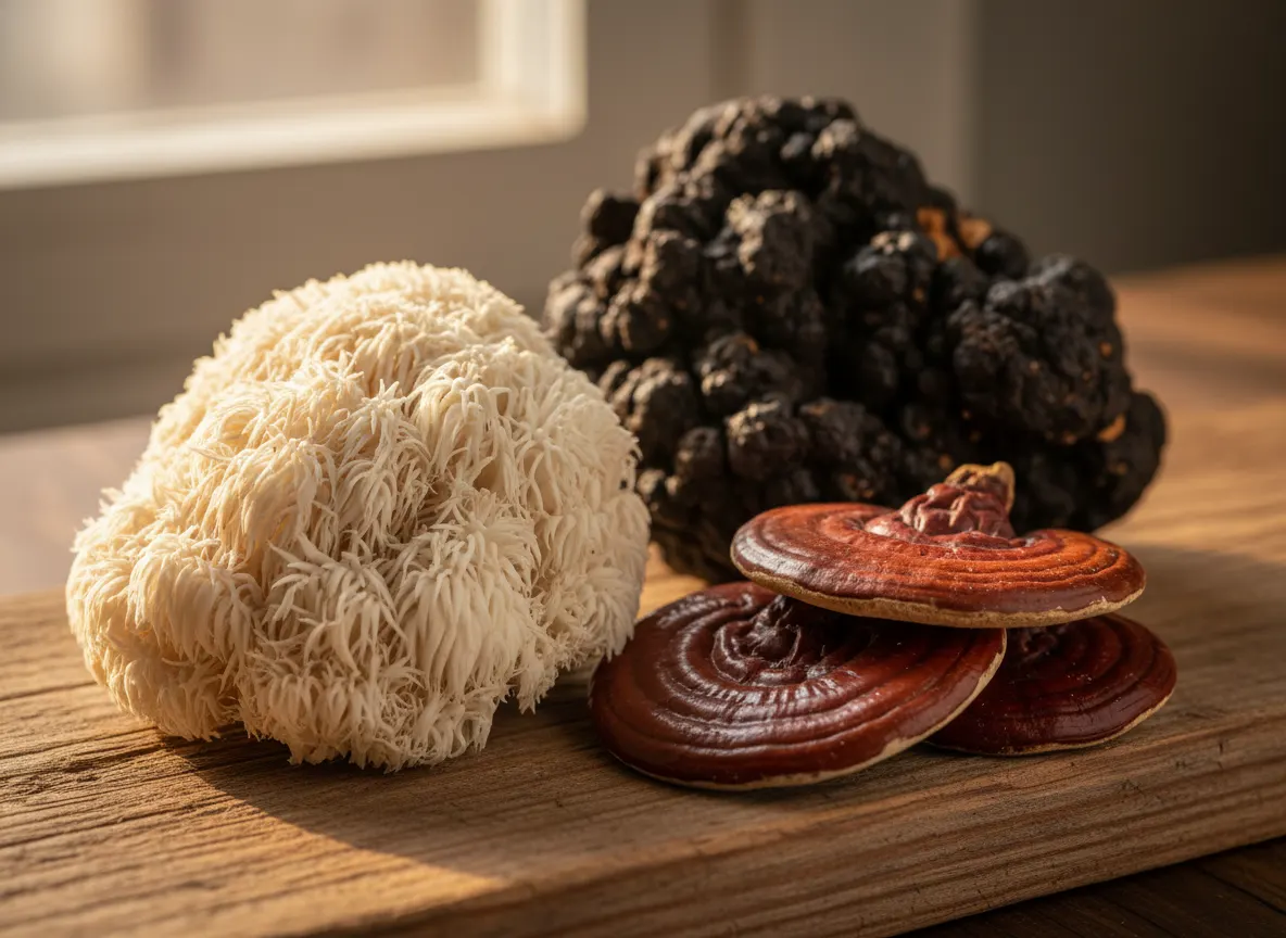 A close-up macro shot of dried mushroom fruiting bodies (lion's mane, reishi, chaga) arranged on a natural wood surface wi...