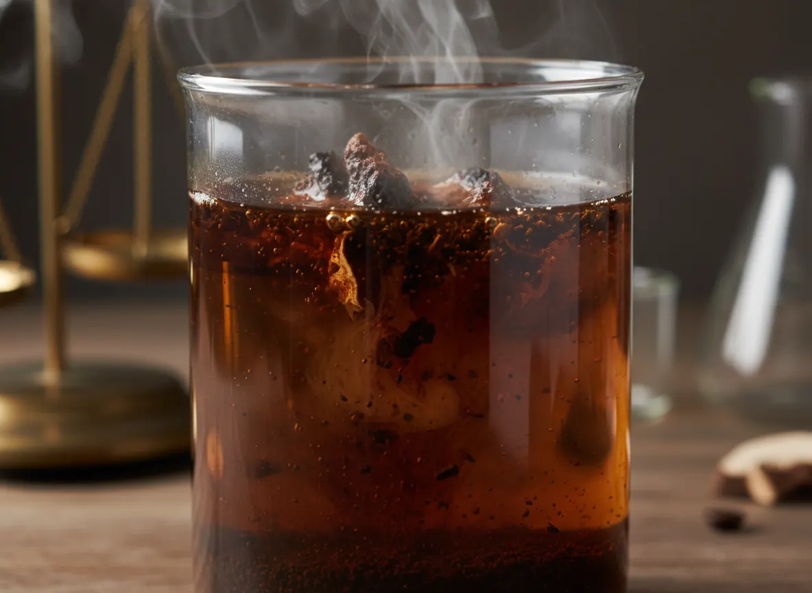 Close-up macro shot of coffee grounds and mushroom extract being steeped or extracted in hot water, rich amber and dark to...