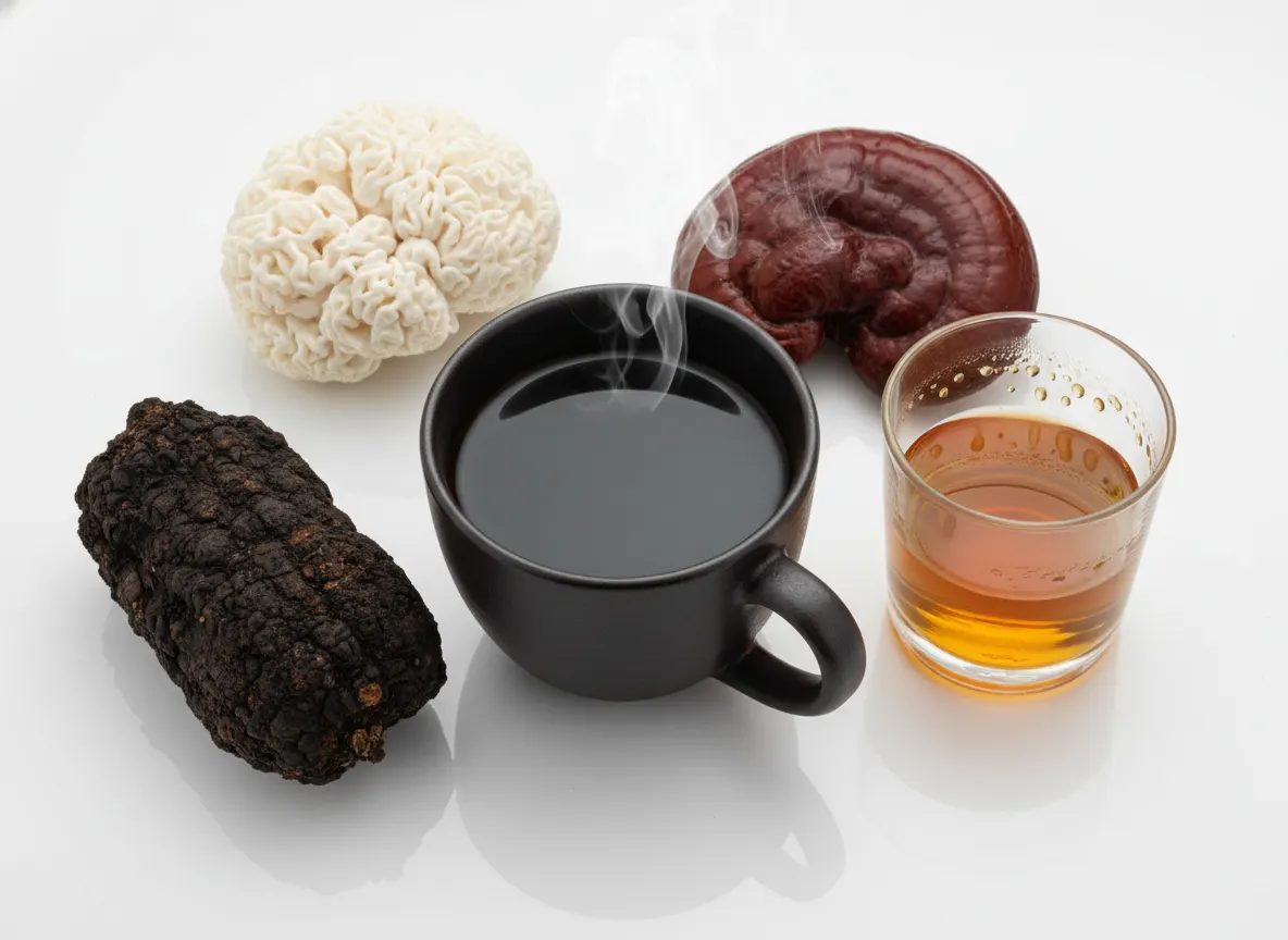 A close-up flat lay on a clean white surface showing a steaming mug of dark coffee, a transparent glass with visible extra...