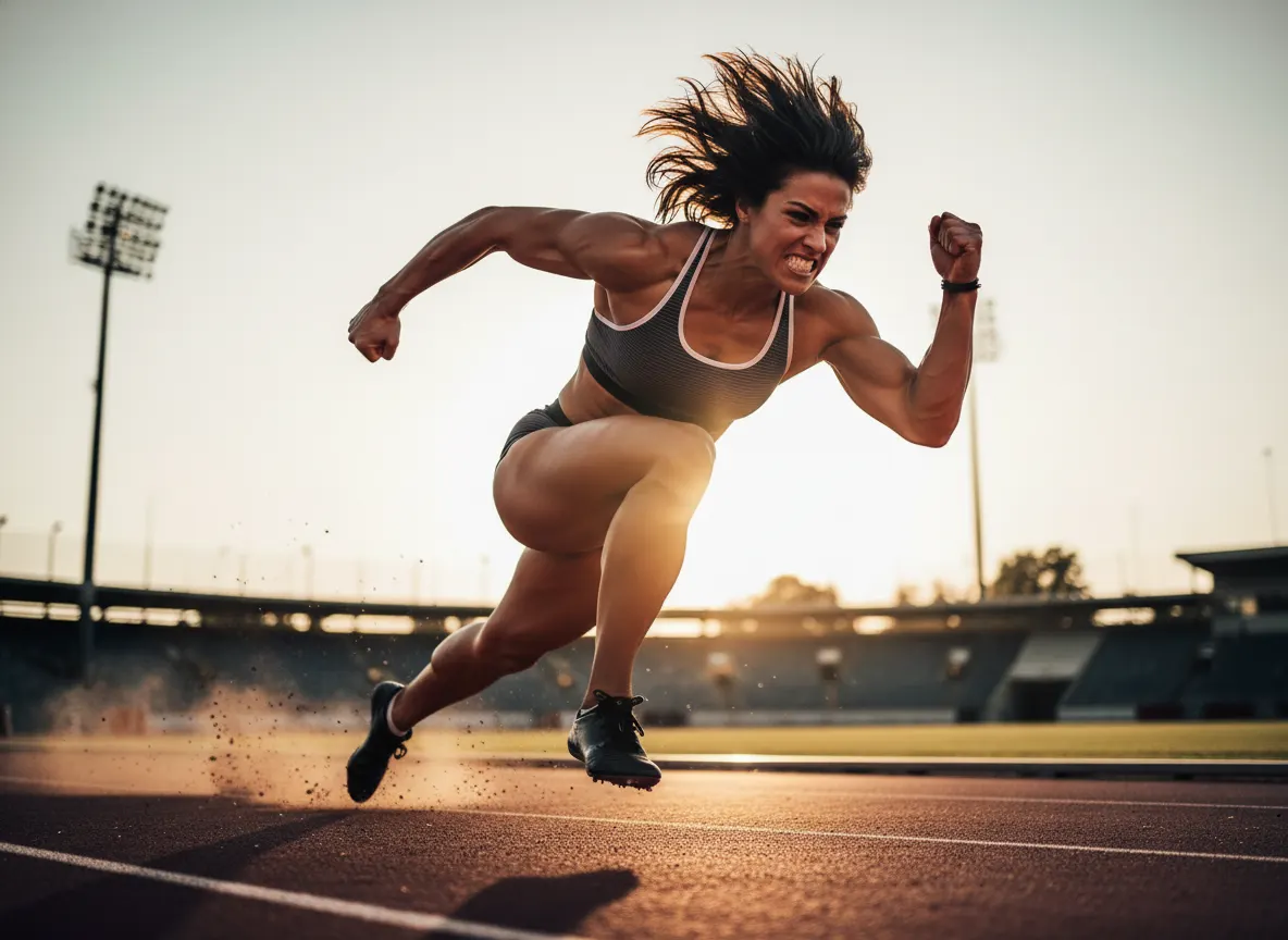 Athletic woman explosive jumping or sprinting, captured mid-action showing full power and energy. Golden hour lighting, dy...