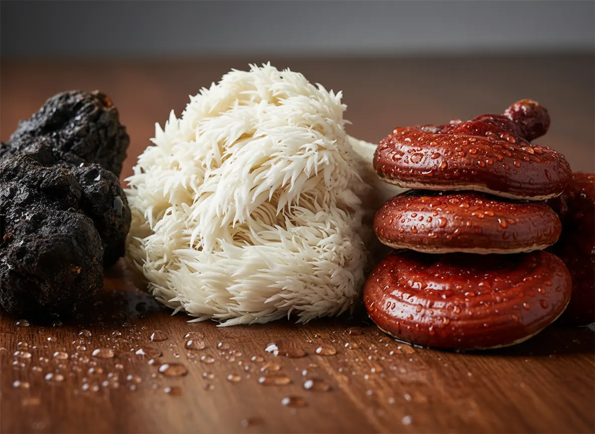 Macro close-up of fresh mushroom fruiting bodies (lion's mane, reishi, chaga) displayed on dark wood surface with water dr...