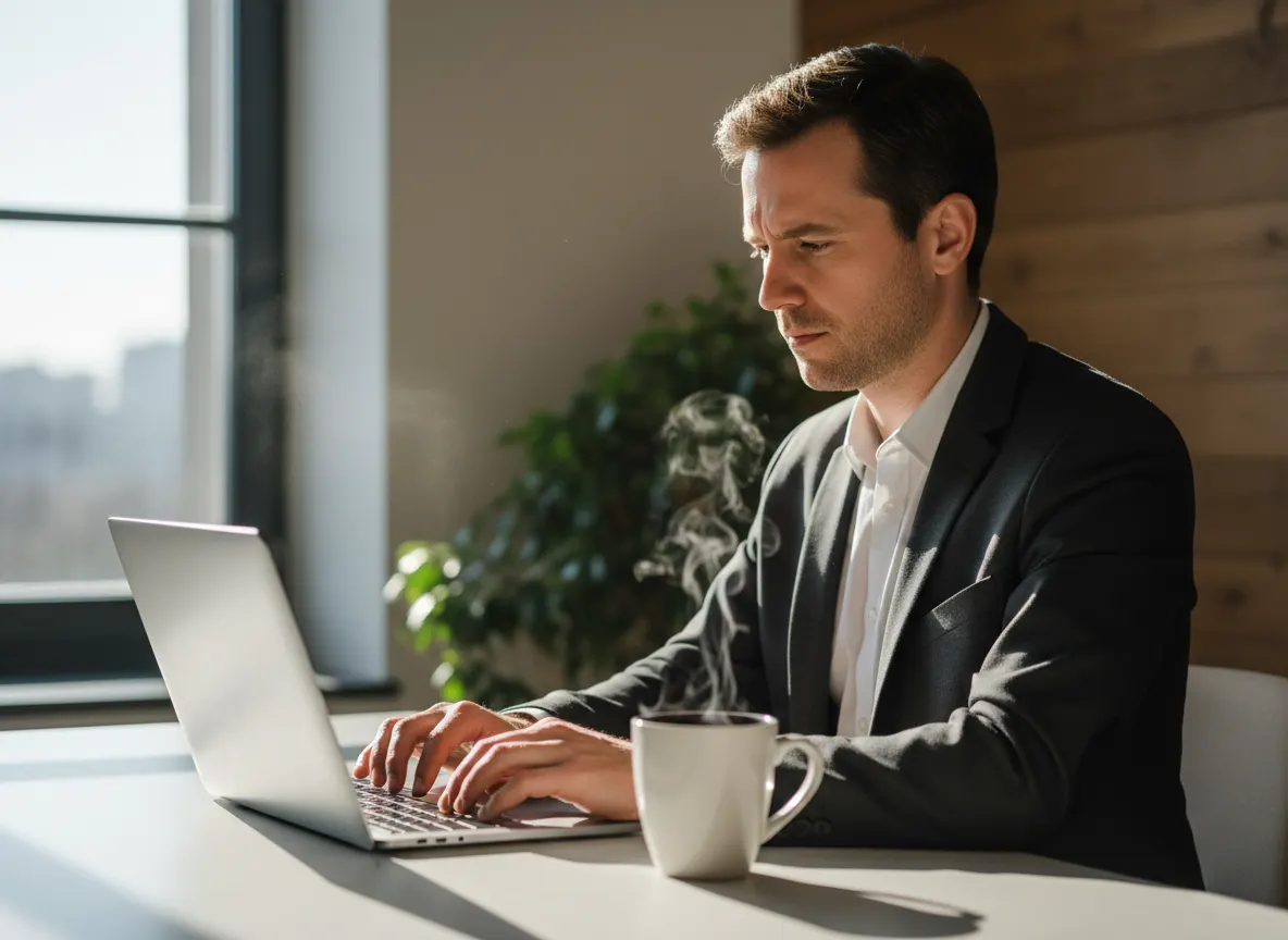 Professional at laptop mid-morning, focused calm expression, steaming coffee mug nearby, bright natural window light, sust...