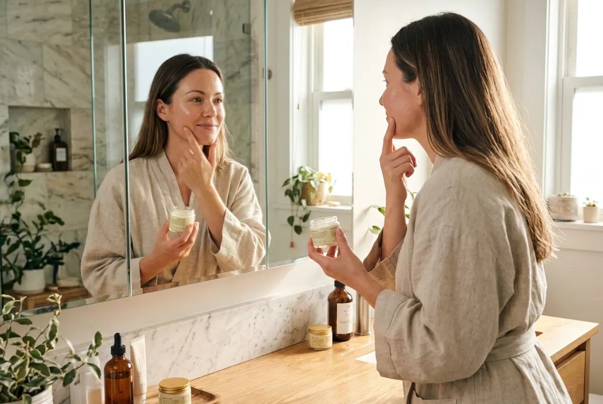 A woman in her late thirties at a bathroom vanity in soft morning light, looking into the mirror with a confident, healthy...