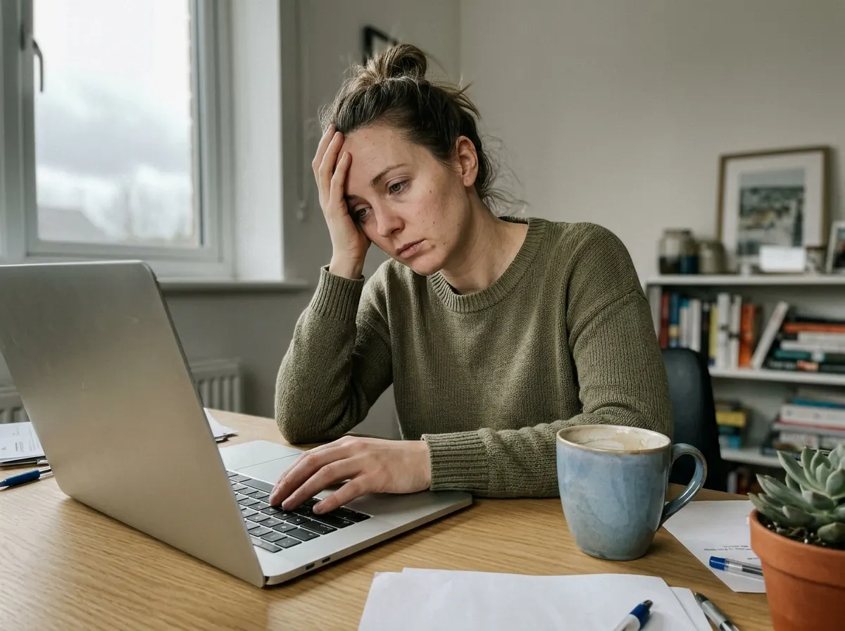A woman at a home office desk mid-afternoon, slumped posture, one hand rubbing her temple, the other resting limply on a k...