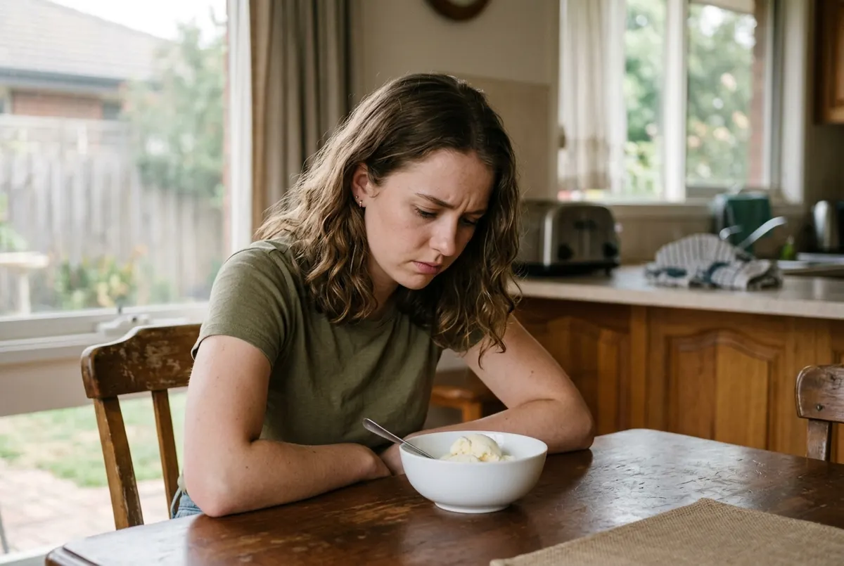 A young Australian woman sitting at a home dining table staring down at a plain white bowl of vanilla ice cream with a dis...