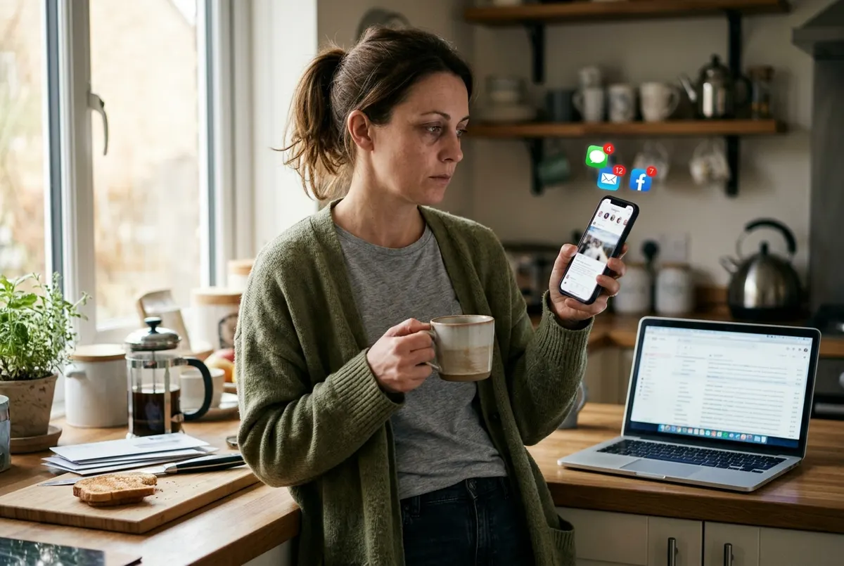 A morning kitchen counter in soft natural window light. A woman in her early forties stands with coffee mug in hand, shoul...