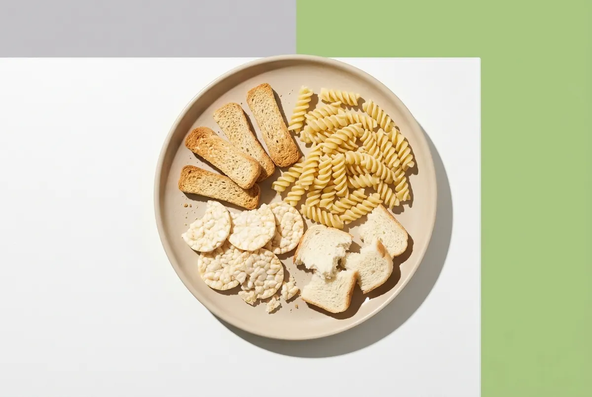 Top-down flat lay on a white kitchen table showing a beige dinner plate filled with plain beige foods — toast fingers, pla...