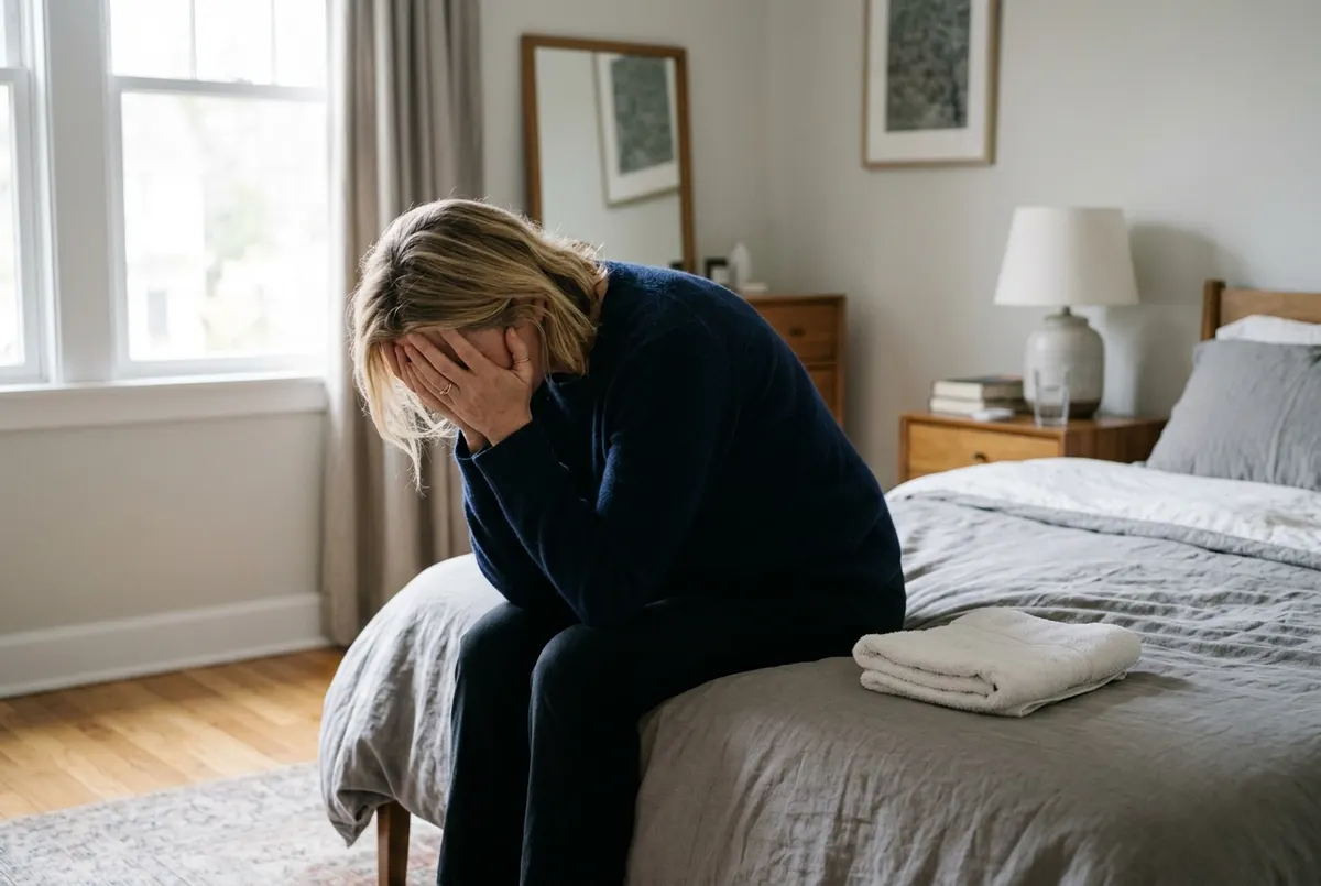 A woman, 48, sits on the edge of her bed in a quiet bedroom, mid-afternoon, elbows on her knees, hands covering her face. ...