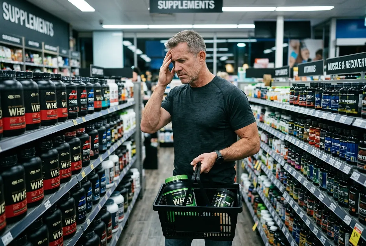 A fit man in his forties standing in a supplement aisle at night, hand rubbing his temple as he stares at rows of identica...