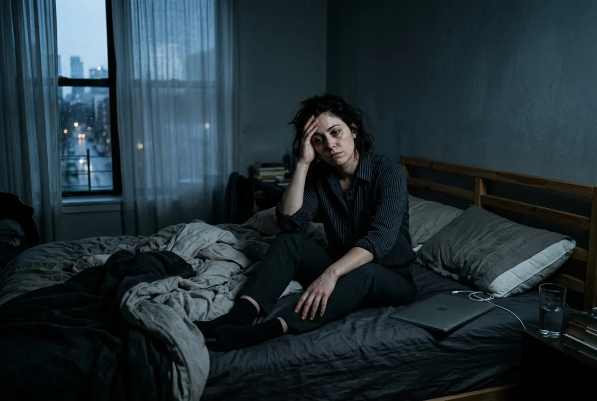A person in business casual attire sits at the edge of a rumpled bed at 2am, laptop closed beside them, staring blankly at...