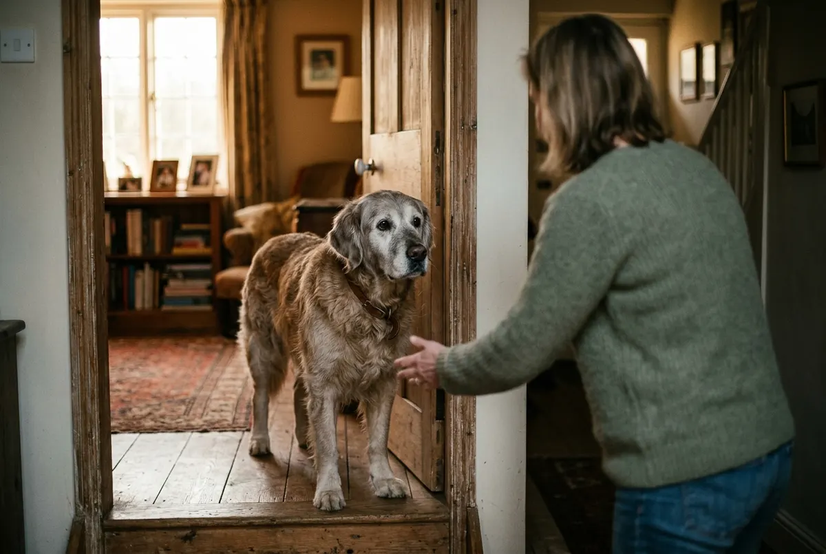 An older golden retriever standing still in a doorway looking slightly confused, soft afternoon light from a nearby window...