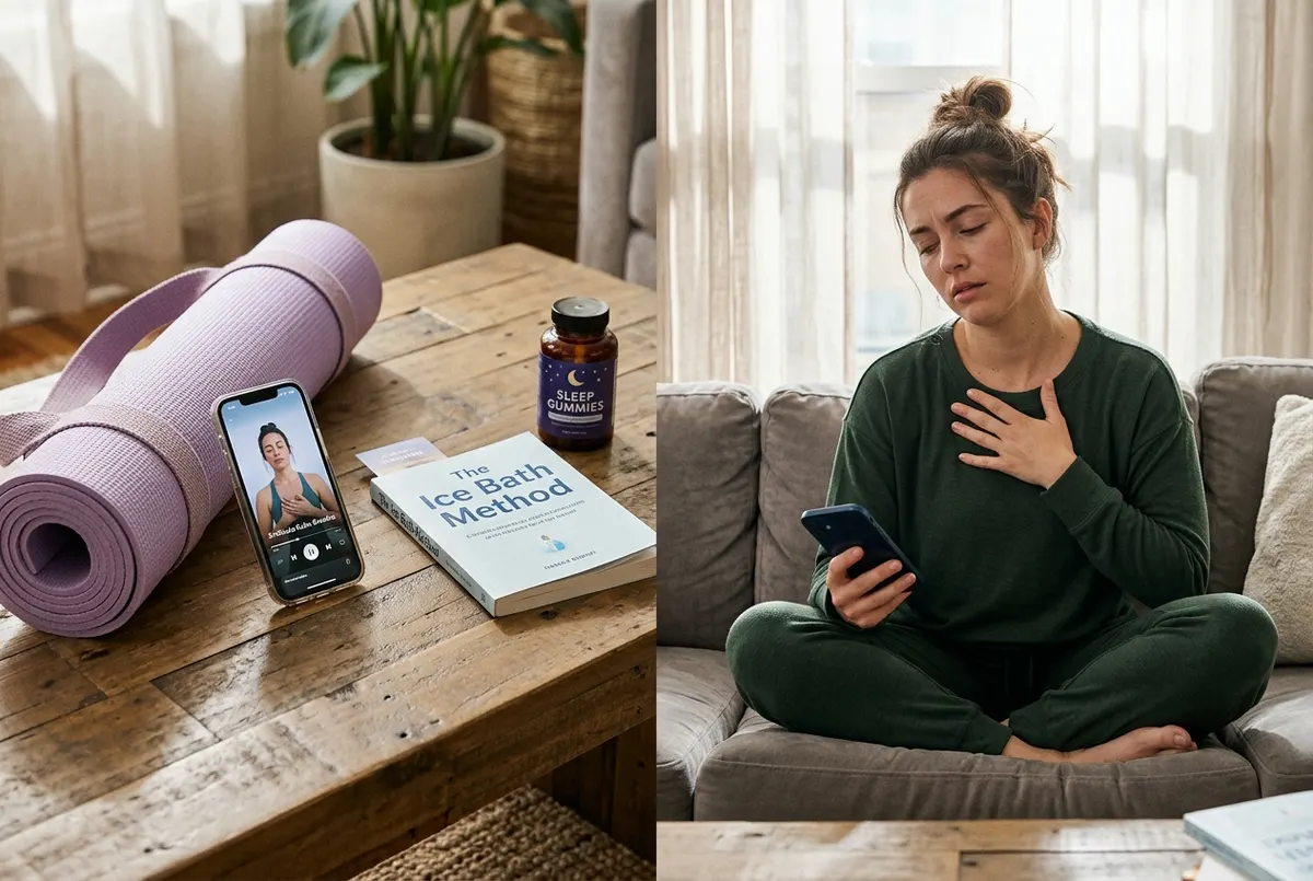A split coffee table scene: left side shows a yoga mat rolled up next to a phone playing a breathing exercise video, an ic...