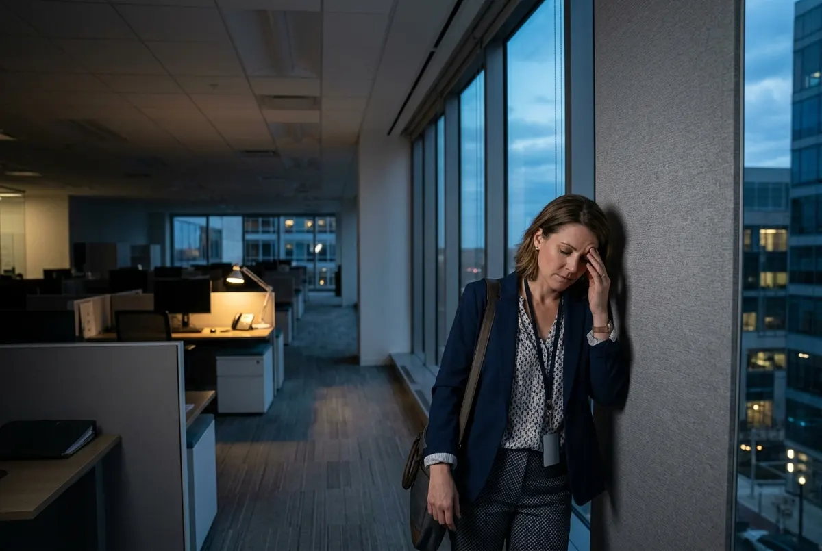 A frustrated sales manager in their early forties standing alone at the end of a long modern office corridor at dusk, one ...