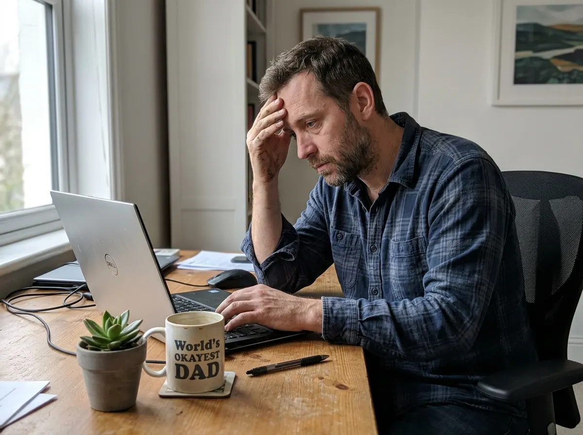 A working man in his forties slumped at his desk at 3pm, rubbing his temples with one hand, staring blankly at a laptop sc...
