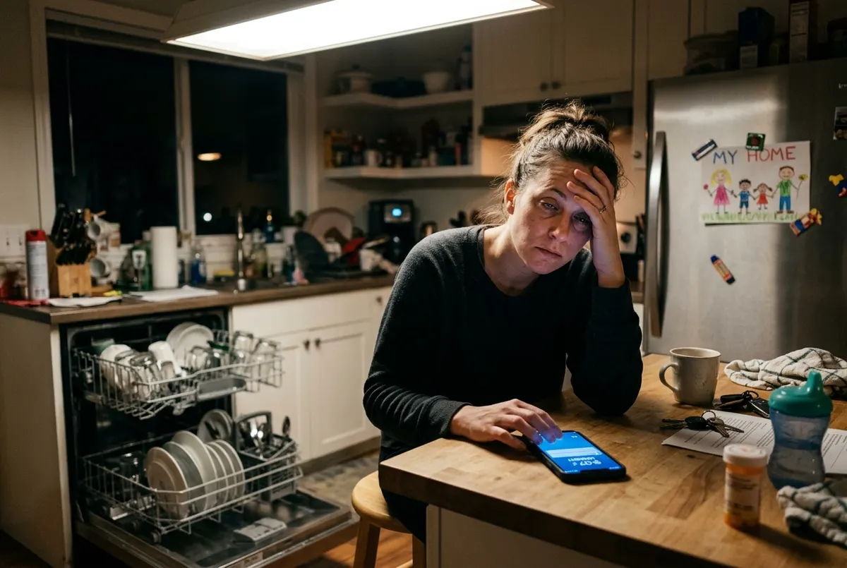 A woman around thirty years old at her kitchen counter at 9 PM, hand pressed to her forehead, eyes half-closed but not sle...