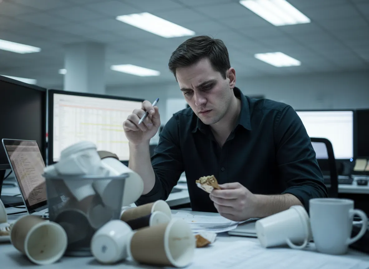 A stressed professional at a desk surrounded by empty coffee cups, visibly fatigued and jittery with hand tremor, harsh fl...