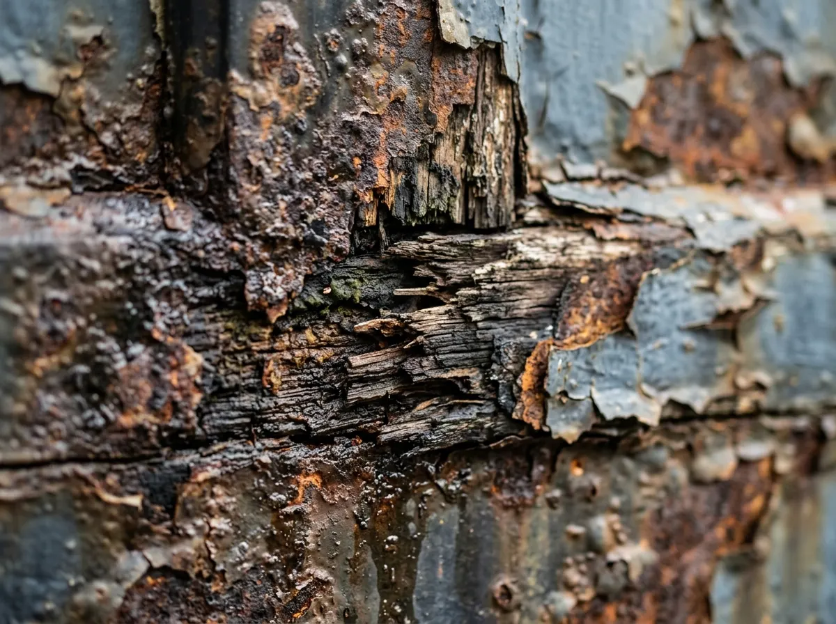 Close-up detail shot of rotting wood grain and rust spots on an old metal garage door, water damage and peeling paint visi...