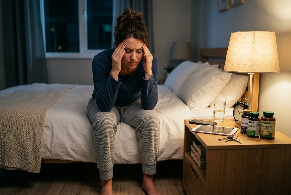 A woman in her early 30s at 11pm sitting on the edge of her bed in pajamas, hunched forward slightly, rubbing her temples ...