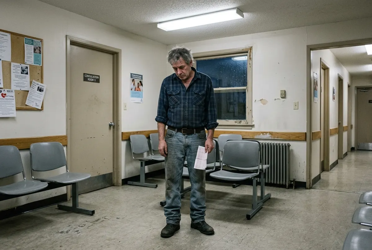 A man around 58 standing alone in a small clinic hallway or waiting room in flat overhead fluorescent light, holding a fol...