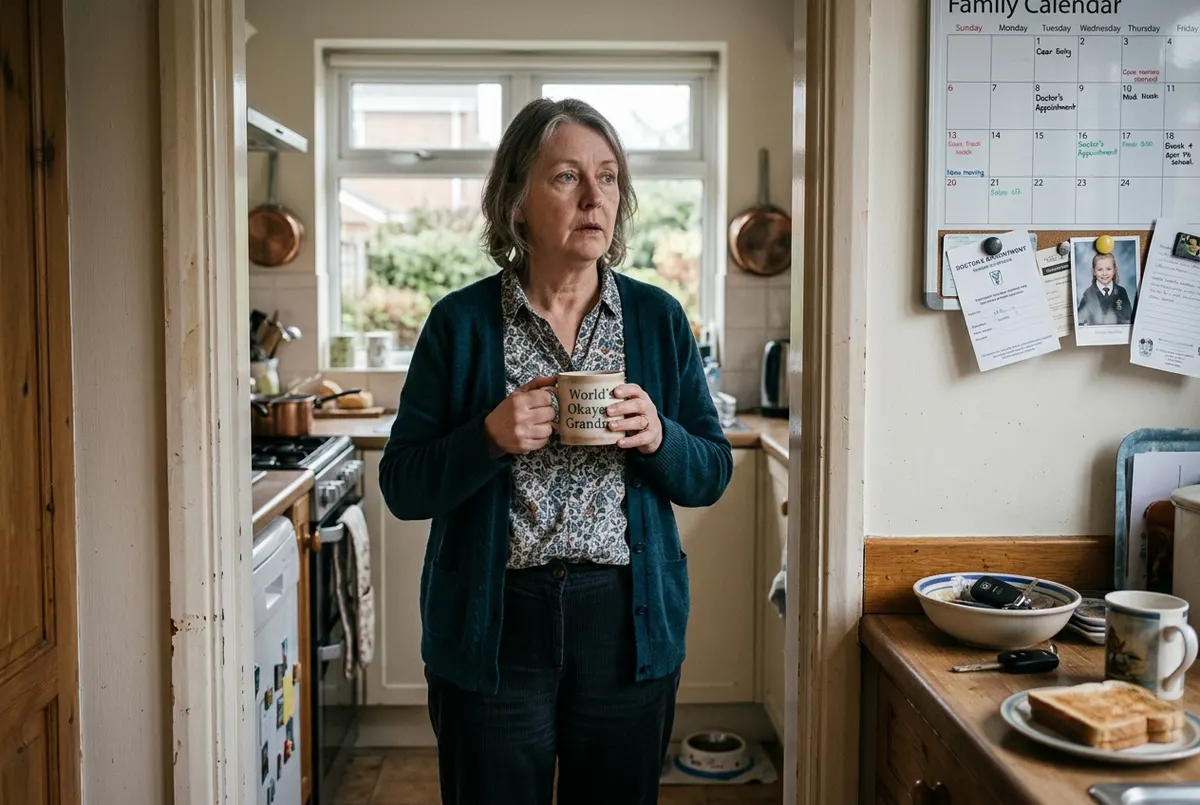 A woman in her early 60s standing in her kitchen doorway mid-morning holding a coffee mug, staring blankly past the camera...
