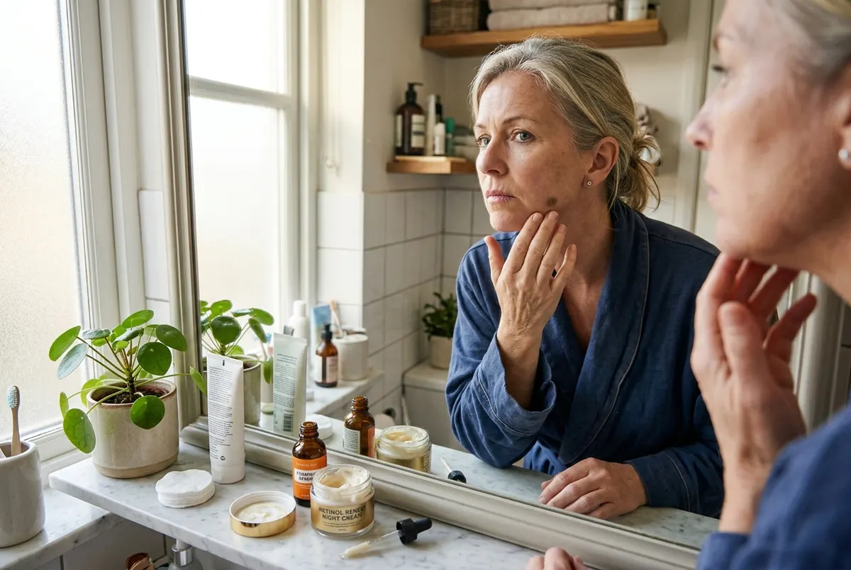 A woman in her early fifties stands at her bathroom vanity in soft morning sidelight from a window, leaning close to the m...