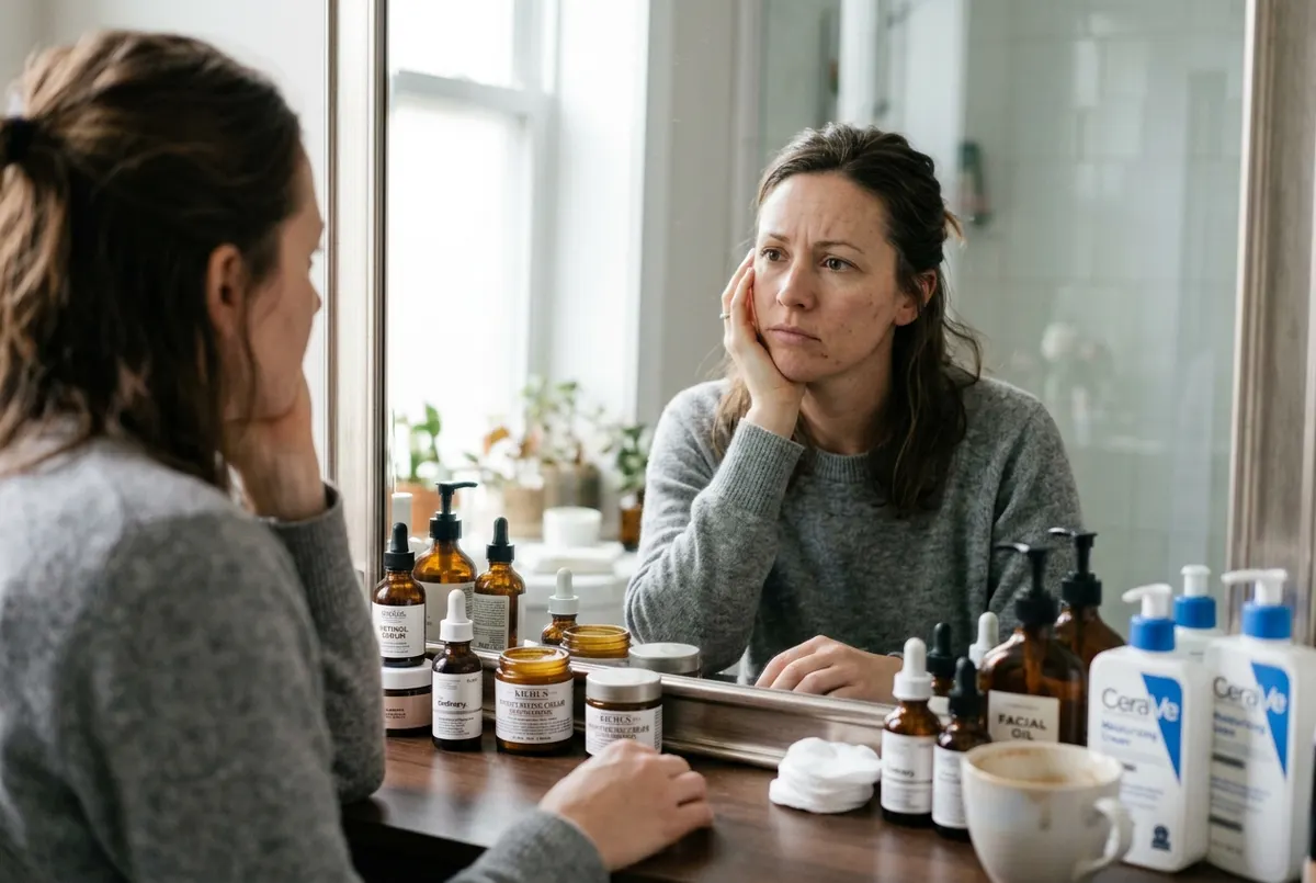 A woman at her vanity counter mid-afternoon, surrounded by several skincare jars and bottles, hand resting on her cheek wh...