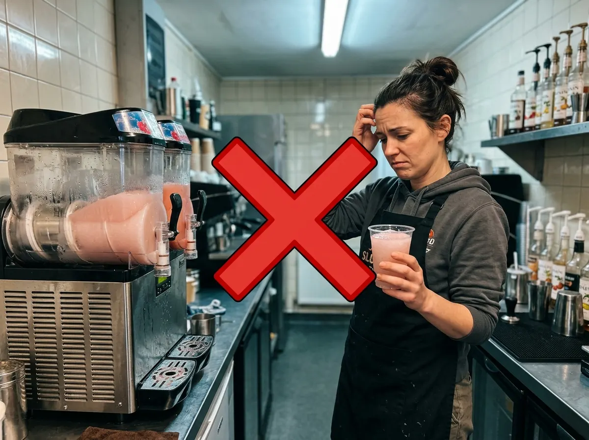 A frustrated café operator holding a dull, pale slushy in a plastic cup, standing at a commercial slushy machine in a tire...